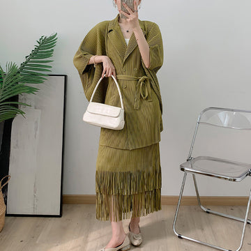Tassel Pleated Long Cardigan Casual Skirt Two-piece Set For Women