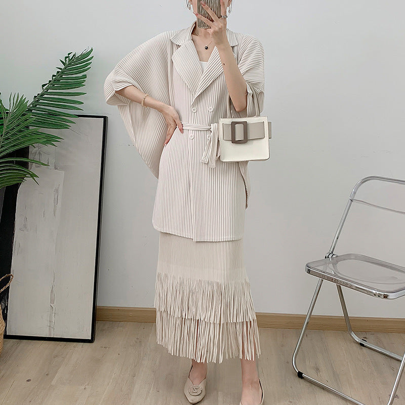 Tassel Pleated Long Cardigan Casual Skirt Two-piece Set For Women
