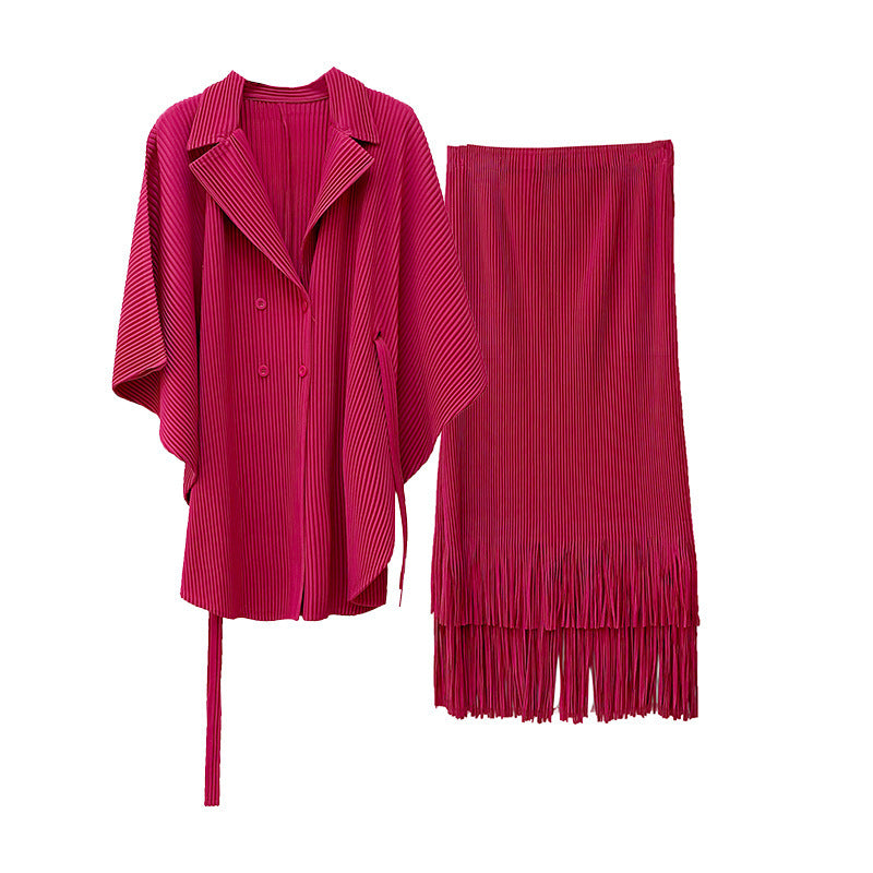 Tassel Pleated Long Cardigan Casual Skirt Two-piece Set For Women