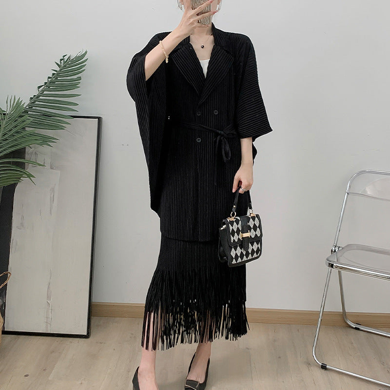 Tassel Pleated Long Cardigan Casual Skirt Two-piece Set For Women