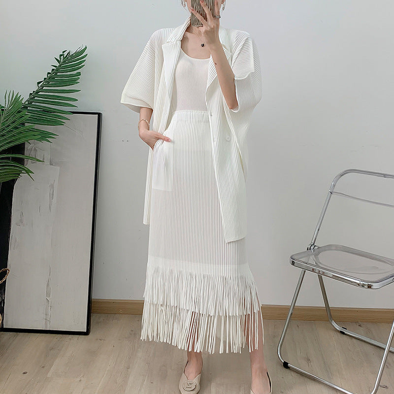 Tassel Pleated Long Cardigan Casual Skirt Two-piece Set For Women