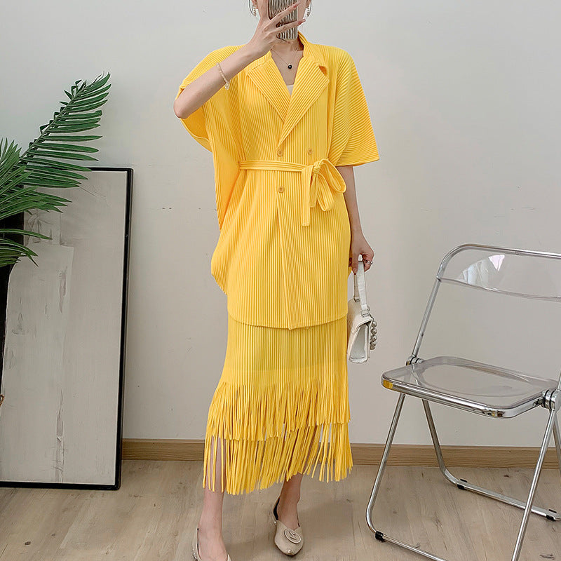 Tassel Pleated Long Cardigan Casual Skirt Two-piece Set For Women