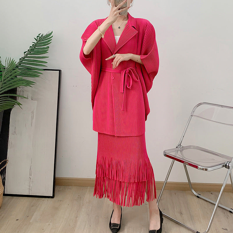 Tassel Pleated Long Cardigan Casual Skirt Two-piece Set For Women